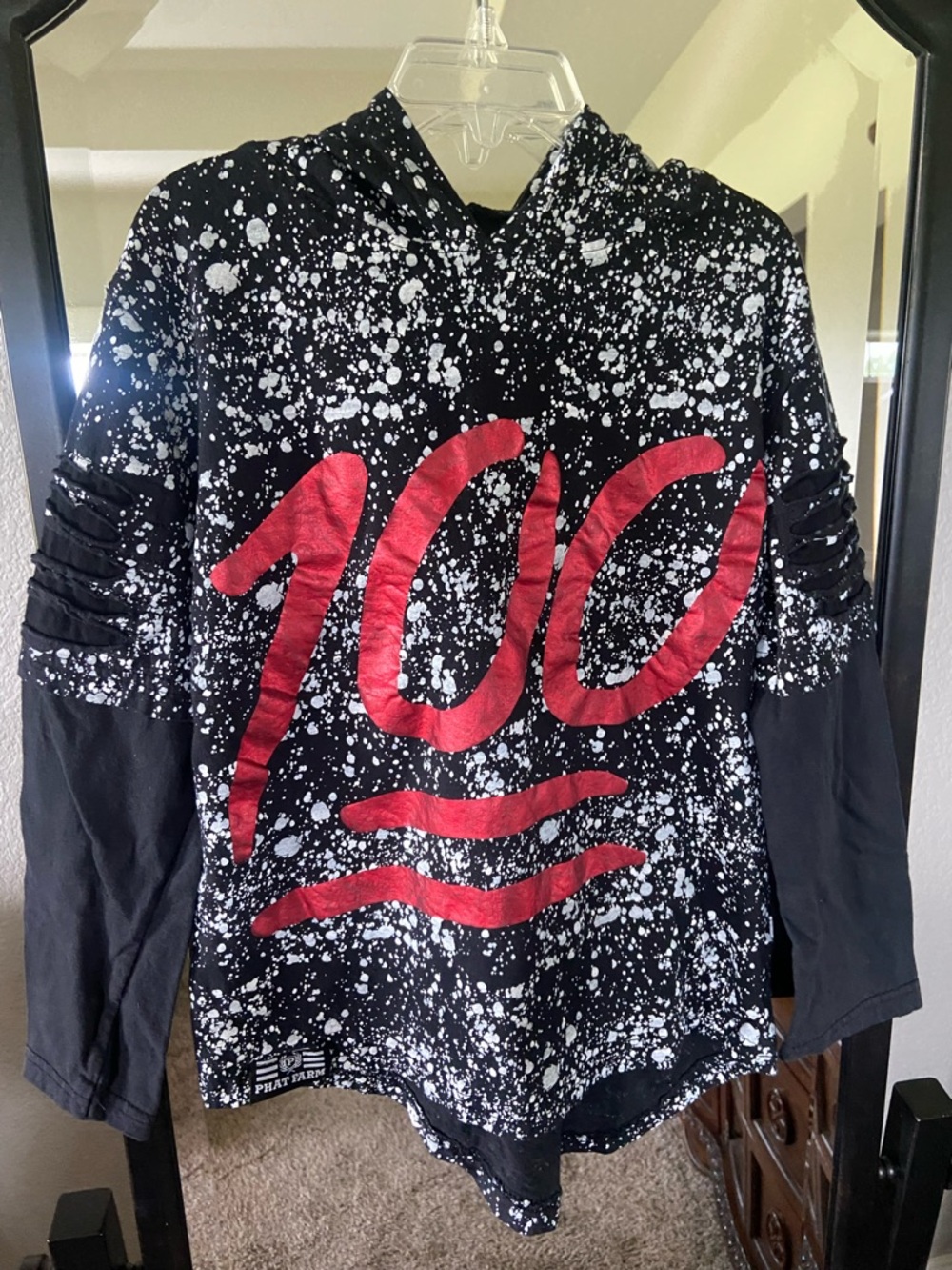 Phat Farm Black & White Splatter Hoodie with Red 100 Graphic